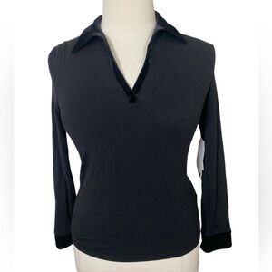 Vtg 90s Preppy black stretch knit velvet collar long sleeve Polo Top